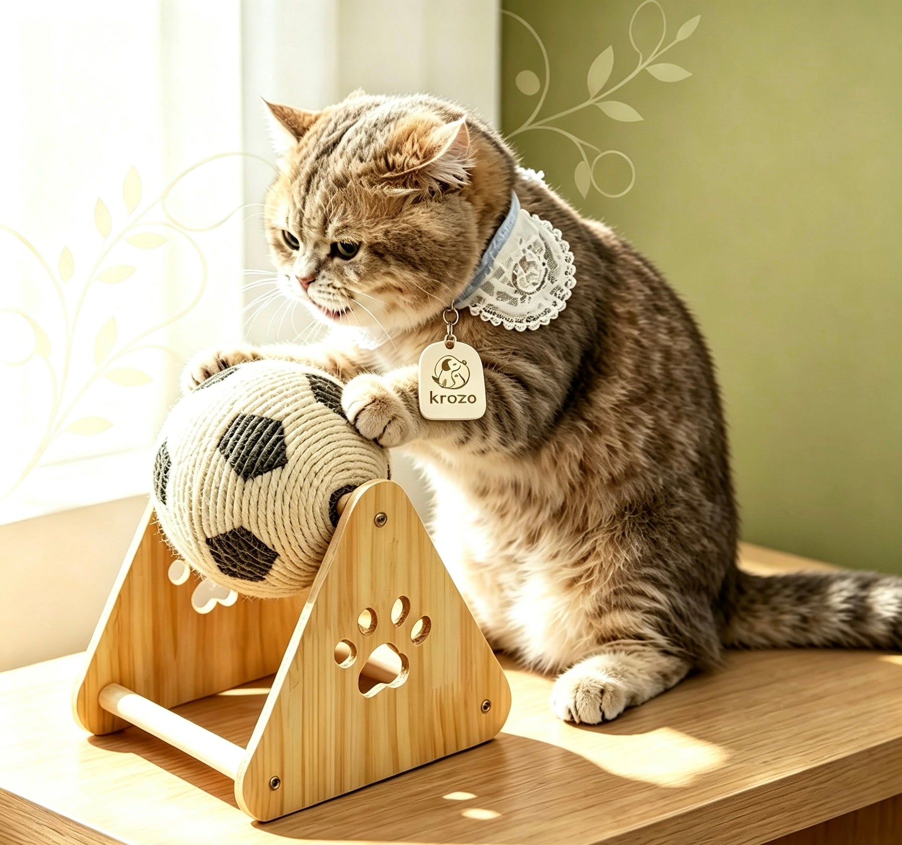 Cat playing with a wooden scratching and activity toy
