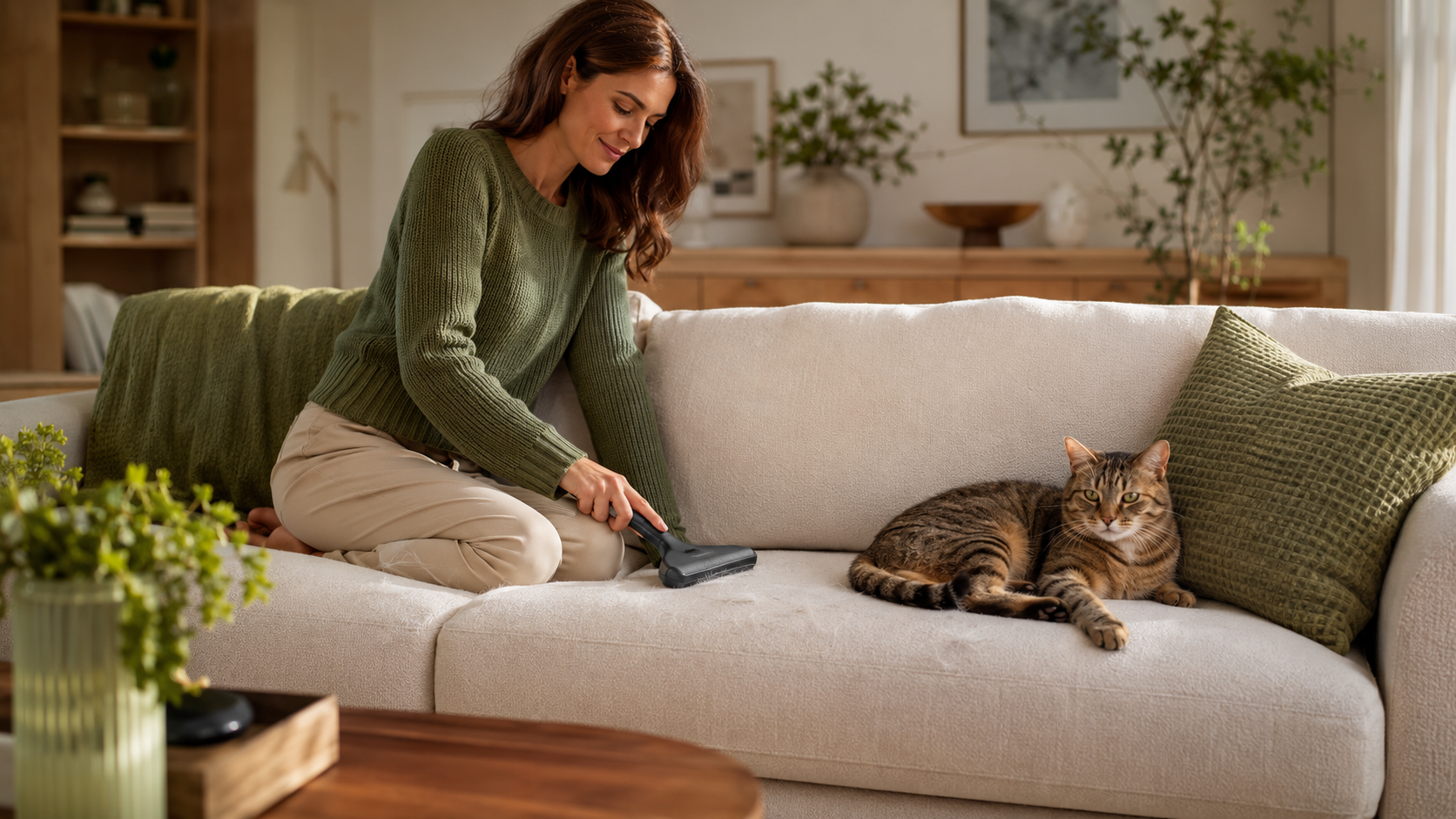 Pet parent gently removing loose fur from a relaxed cat in a warm home
