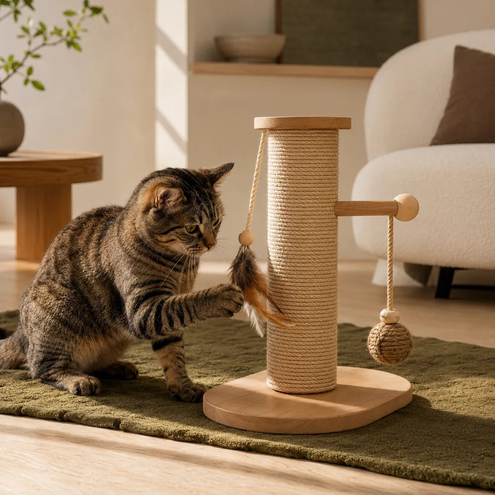 Cat playing with a thoughtfully designed scratcher
